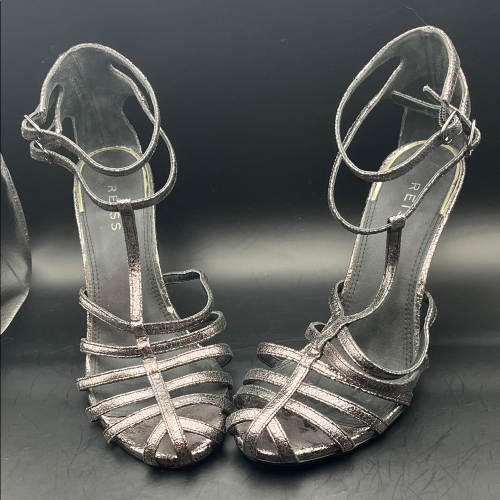 SZ 8 Reiss Metallic Dark Silver Lulu Strappy High Heels